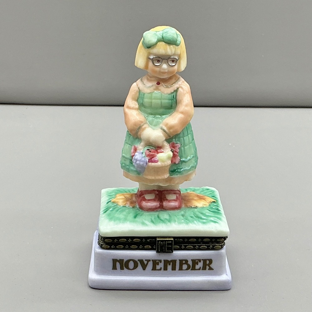 Enesco November Birthday Girl Trinket Box Girl with Basket Green Dress Figurine